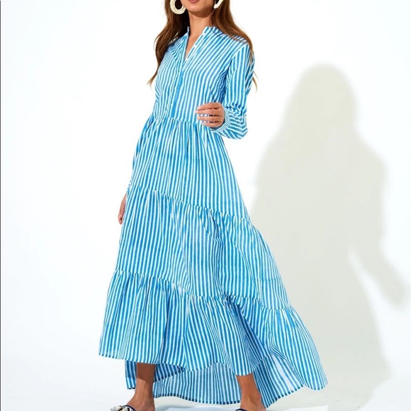 Oliphant Mandarin Maxi Dress in Playa Mini Blue Stripe, Size XS - Picture 1 of 10